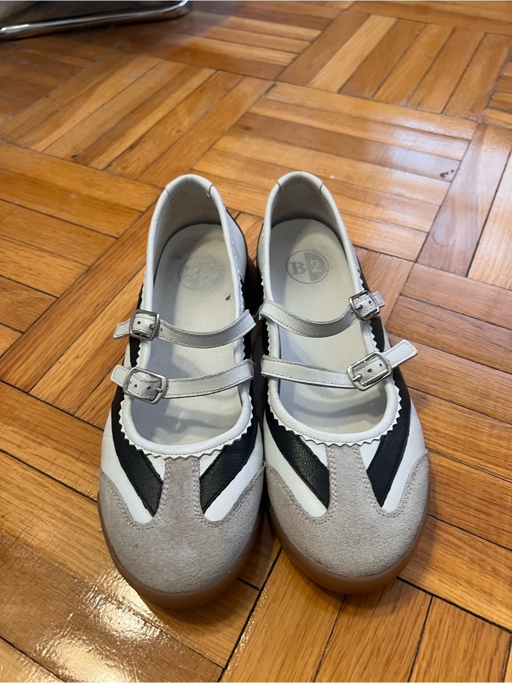 Double-Strap Mary Jane Flats in White, Black & Gray